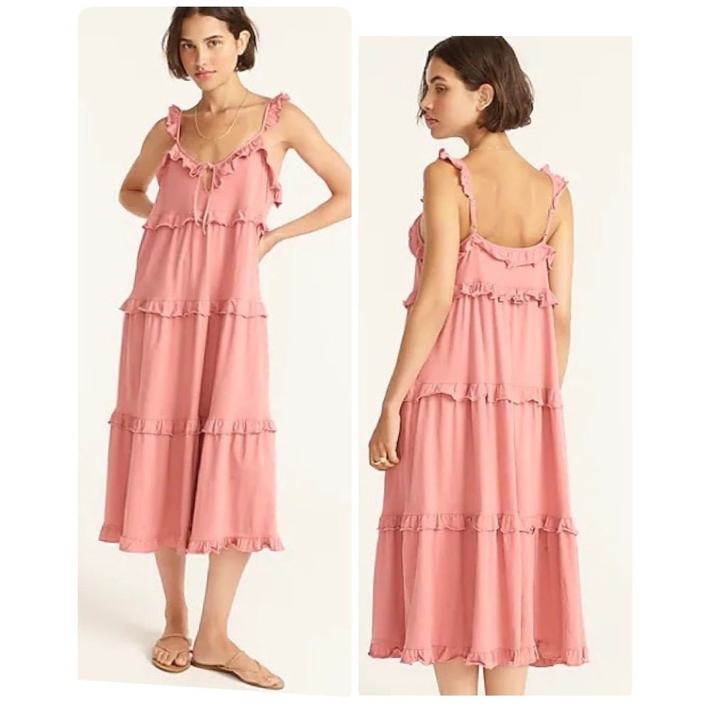 J.Crew Tiered Knit Keyhole Maxi Dress Rose Pink XS ruffle feminine 100%cotton‎